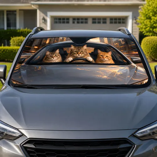 Realistic Cats Driving Silver Sedan Road Trip Decor For Pet Lovers And Commuters Car Sunshade