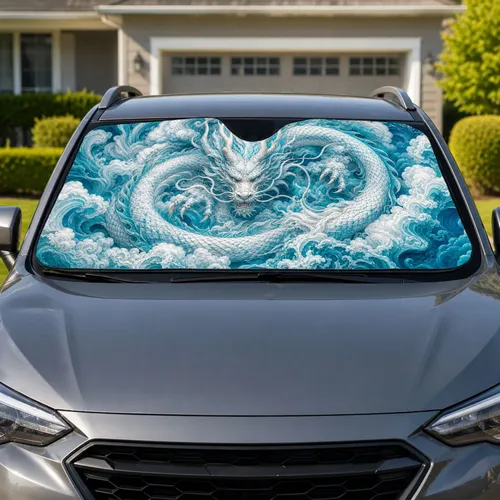 Ice White Turquoise East Asian Dragon Fantasy Decor For Road Trips And Daily Commuters Car Sunshade