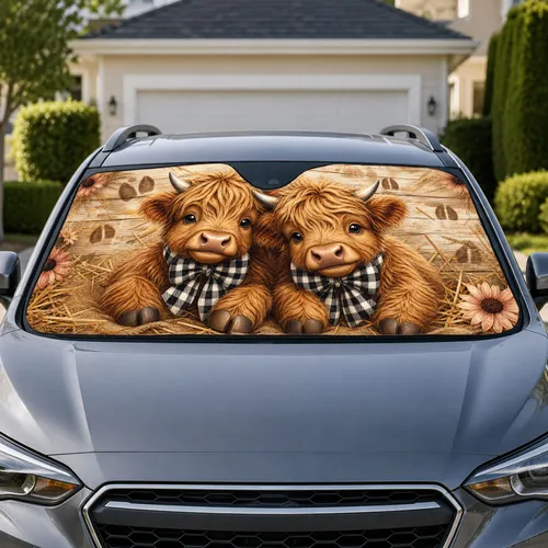 Cute Highland Cow Calves With Buffalo Plaid Bows For Rustic Farmhouse Road Trips Car Sunshade