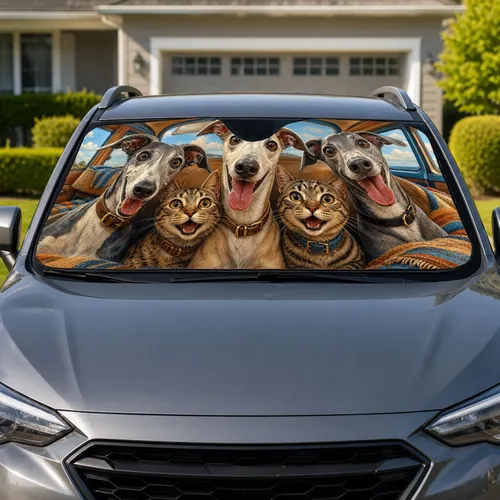 Greyhound And Tabby Cat Road Trip Pet Family Portrait For Dog And Cat Lovers Travel Fans Car Sunshade