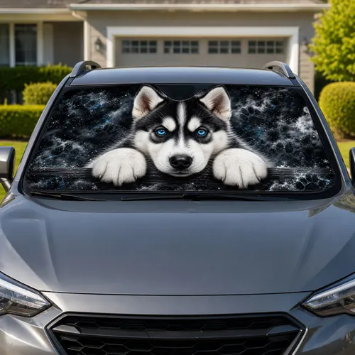 Realistic Blue Eyed Husky Puppy Peeking For Arctic Pet Lover Travel Style Decor Gift Car Sunshade