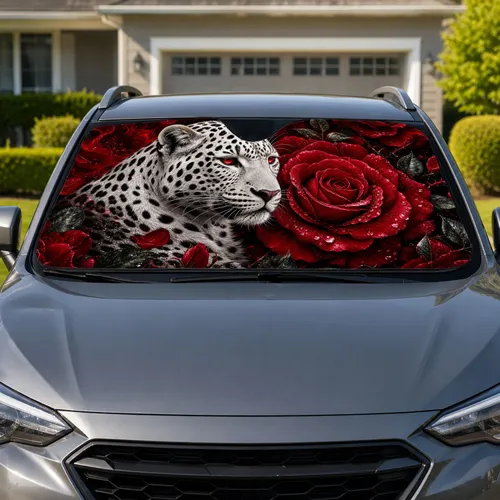 White Leopard Red Rose Dark Gothic Floral Fantasy Decor For Wildlife Lovers And Goth Fans Car Sunshade