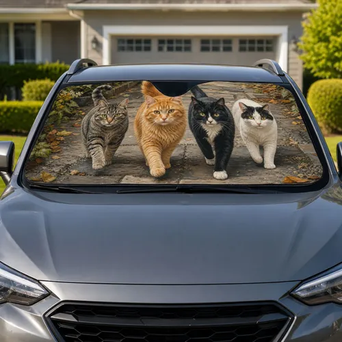 Four Realistic Cats Strolling On City Sidewalk For Cozy Daily Drives And Cat Lovers Car Sunshade
