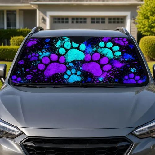 Neon Pet Paw Marks With Paint Splatter For Dog Mom Road Trips And Animal Lovers Gift Car Sunshade