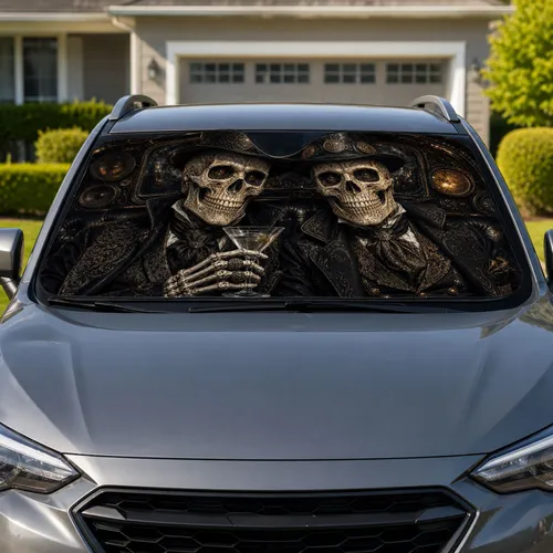 Gothic Skull Gentlemen In Shadowy Vintage Auto Cabin For Halloween Noir Decor Lovers Car Sunshade