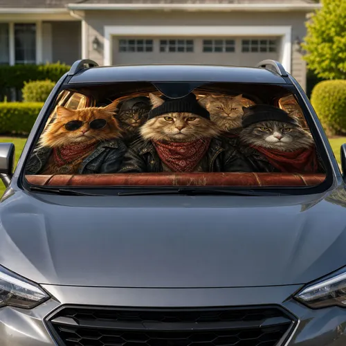 Tough Biker Cats In Vintage Getaway Ride Cabin For Road Trip Style And Cat Lovers Car Sunshade