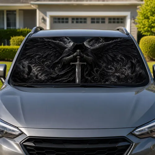 Dark Fantasy Hooded Reaper With Raven Wings For Gothic Road Trips And Metal Fans Car Sunshade