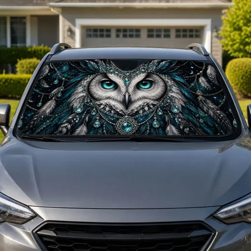 Jeweled Celestial Owl With Turquoise Eyes For Gothic Road Trip Aesthetic Enthusiasts Car Sunshade
