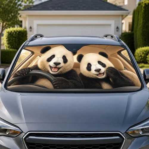 Cute Giant Panda Pair In Cozy Cabin For Playful Road Trips And Family Animal Lovers Car Sunshade