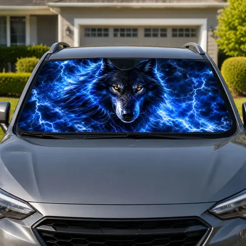 Thunder Blue Wolf With Lightning Storm Fantasy Wildlife Decor For Dark Aesthetic Fans Car Sunshade