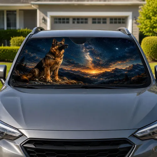 German Shepherd Under Milky Way Mountain Twilight For Night Adventure Dog Lovers Car Sunshade