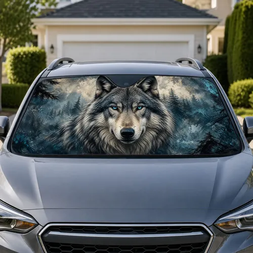 Gray Wolf With Icy Blue Eyes In Smoky Forest For Summer Road Trips Wildlife Lovers Car Sunshade