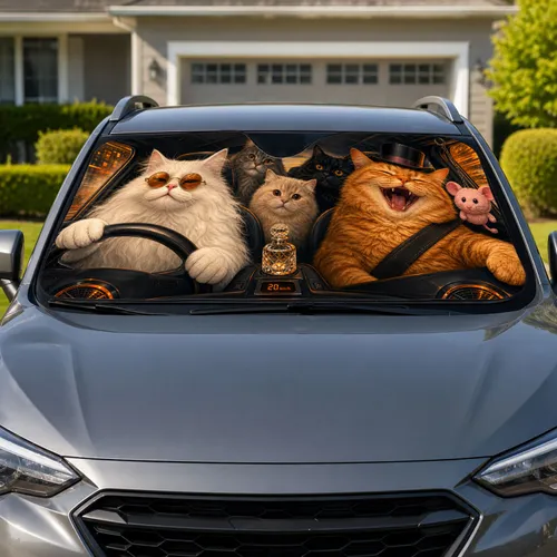 Chaotic Cat Road Trip Crew With Sunglasses And Top Hat For Travel Laughs And Pet Lovers Car Sunshade