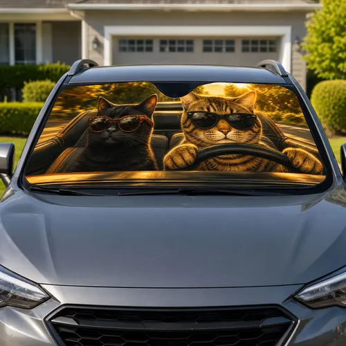 Cool Cats Road Trip With Sunglasses Golden Sunset Travel Decor For Pet Lovers And Drivers Car Sunshade