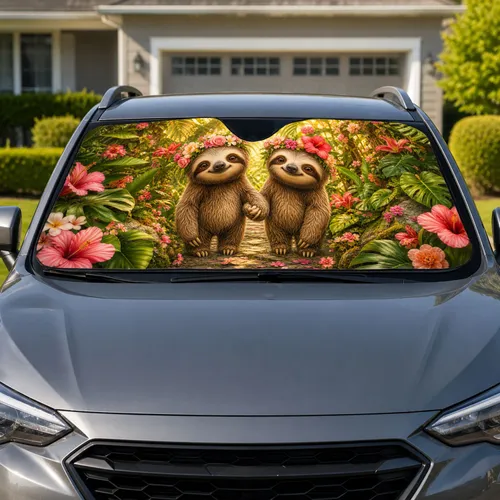 Cute Sloth Couple In Tropical Flowers For Summer Road Trips And Nature Lovers Gift Car Sunshade