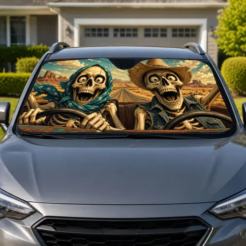Spooky Skeleton Road Trip Desert Scene For Halloween Travel And Cowboy Western Fans Car Sunshade