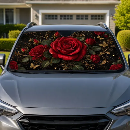Deep Crimson Rose Bouquet With Antique Gold Filigree For Luxury Romantic Decor Lovers Car Sunshade