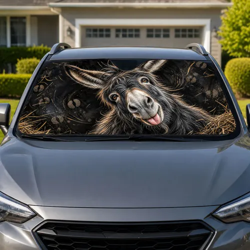 Playful Shaggy Donkey Tongue Out Rustic Farm Animal Decor For Road Trip Country Drivers Car Sunshade