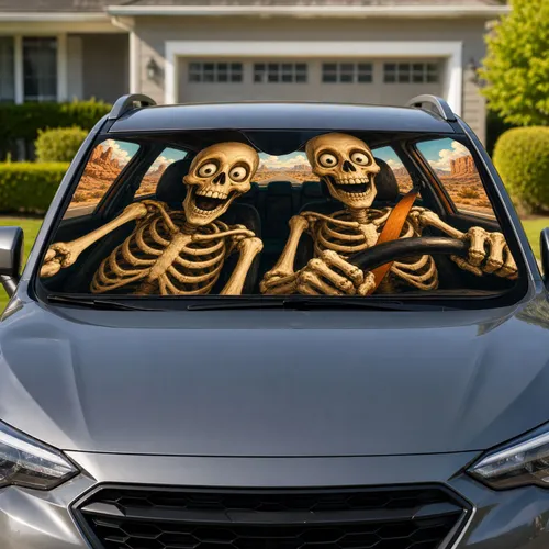 Funny Skeleton Road Trip Duo In Desert Cabin For Spooky Summer Adventure Drivers Car Sunshade