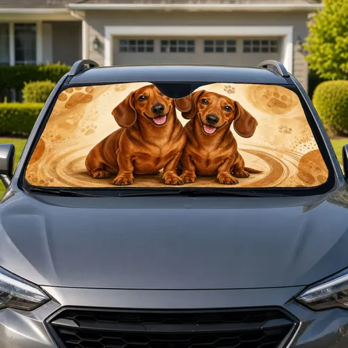 Cozy Brown Dachshund Duo On Warm Beige For Daily Drives With Pet Lovers And Dog Moms Car Sunshade