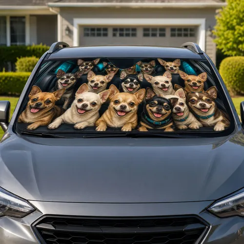 Realistic Chihuahua Pack In Dark Vehicle Cabin For Road Trip Pet Lovers And Dog Moms Car Sunshade