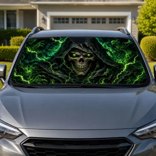 Grim Reaper Hooded Skull With Neon Green Lightning Dark Fantasy Goth Decor For Drivers Car Sunshade