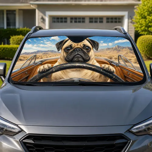 Realistic Pug Driving Classic Convertible On Desert Highway For Road Trip Dog Lovers Car Sunshade