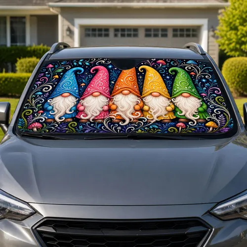 Colorful Forest Gnomes With Midnight Fairy Vines For Whimsical Cottagecore Lovers Car Sunshade
