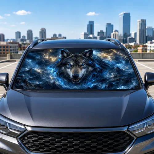 Storm Wolf With Lightning And Dark Mountains For Gothic Adventure Cabin Decor Fans Car Sunshade