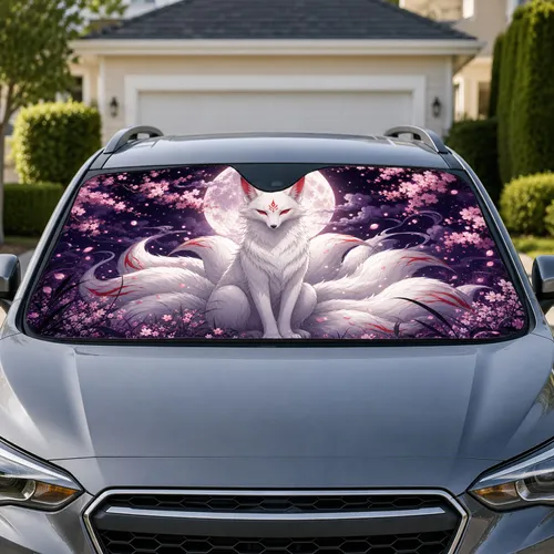 Nine Tailed White Fox Full Moon Sakura Japanese Fantasy Decor For Anime Fans And Gamers Car Sunshade