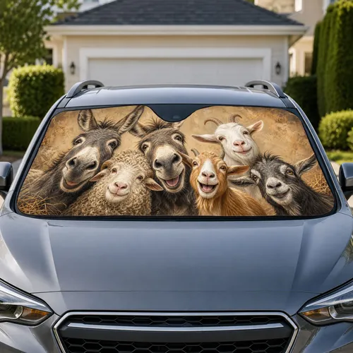 Funny Farm Animal Faces With Donkeys Goats And Sheep For Rustic Road Trip Laughs Car Sunshade