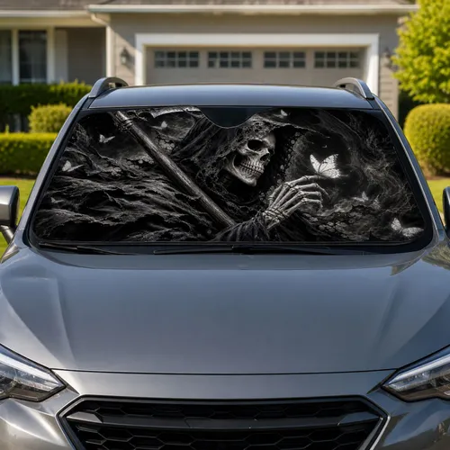 Gothic Grim Reaper Skull With Scythe And Butterfly Dark Monochrome Decor For Goths Car Sunshade