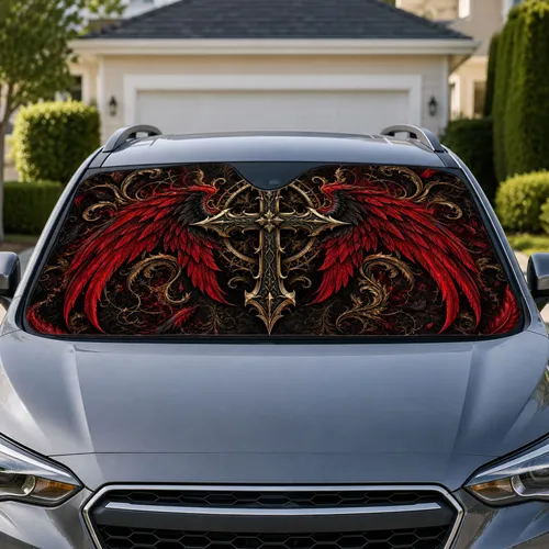 Gothic Cross With Crimson Angel Wings Dark Faith Decor For Metal Fans And Bikers Car Sunshade