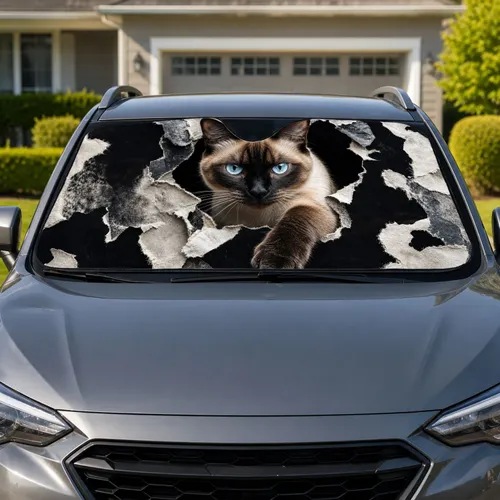 Realistic Siamese Cat Emerging From Torn Paper Blue Eyes Gothic Pet Lover Decor Gift Car Sunshade