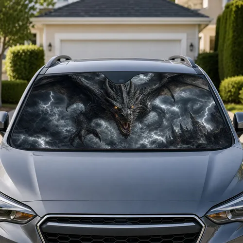 Menacing Storm Dragon With Gothic Castle Towers For Dark Fantasy Adventure Fans Decor Car Sunshade