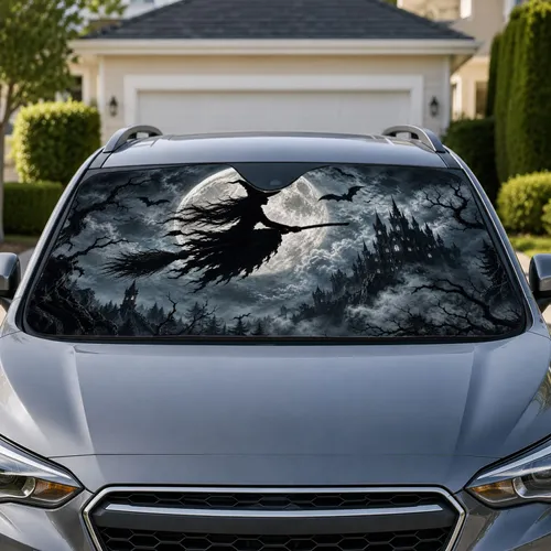 Flying Witch Full Moon Gothic Castle Halloween Night With Bats And Twisted Trees Car Sunshade