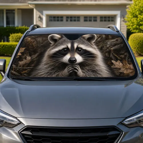 Realistic Raccoon Portrait With Woodland Leaves Outdoor Wildlife Gift For Nature Lovers Car Sunshade