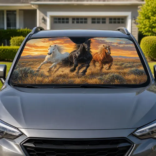 Galloping Black White Brown Horses On Sunset Prairie Western Ranch Decor For Horse Lovers Car Sunshade