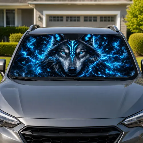 Mystical Wolf Head With Electric Cyan Eyes For Gothic Fantasy Night Road Trip Fans Car Sunshade