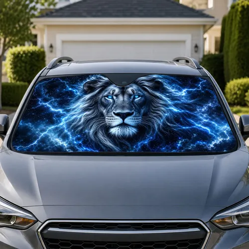 Ice Blue Lightning Lion With Silver Mane For Fantasy Wildlife Storm Decor Collectors Car Sunshade