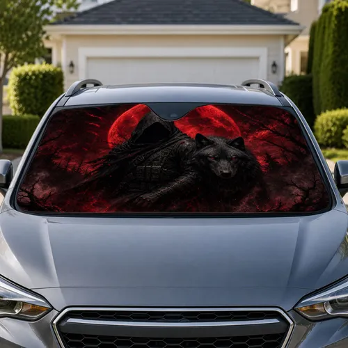 Blood Moon Wolf And Faceless Hooded Assassin Dark Fantasy Decor For Gothic Drivers Car Sunshade