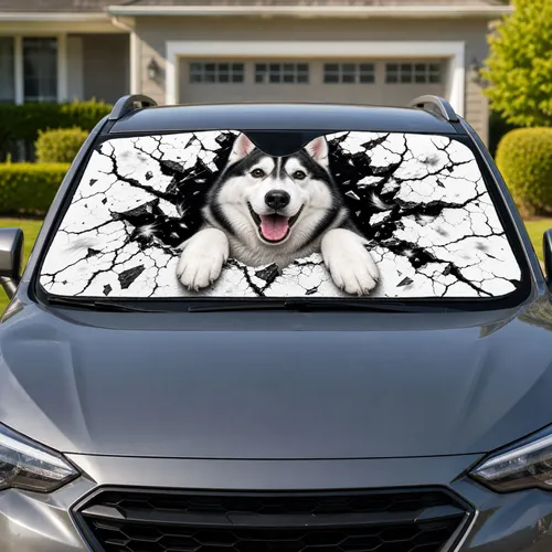 Playful Siberian Husky Bursting Through Jagged Black Cracks For Dog Loving Road Trips Car Sunshade