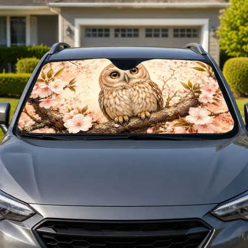 Adorable Cherry Blossom Owl With Amber Eyes Spring Nature Decor Gift For Bird Lovers Car Sunshade