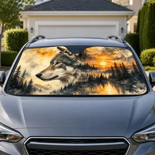 Gray Wolf Forest Sunset Watercolor Wilderness Decor For Nature Lovers And Campers Car Sunshade