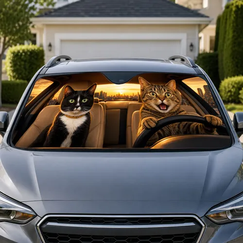 Realistic Cats Driving At Sunset, Funny Golden Hour Cabin Decor Gift For Cat Lovers Car Sunshade