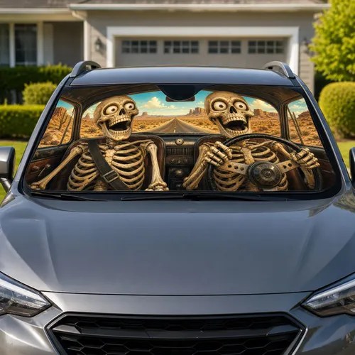Laughing Skeleton Road Trip Duo In Retro Desert Highway Scene For Halloween Fans Car Sunshade