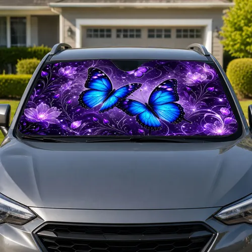 Luminous Blue Purple Butterflies Dark Floral Fantasy Decor For Women Travelers Gift Car Sunshade