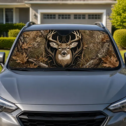 Ivory Whitetail Buck With Woodland Camo For Hunting Season Outdoor Enthusiasts Fans Car Sunshade