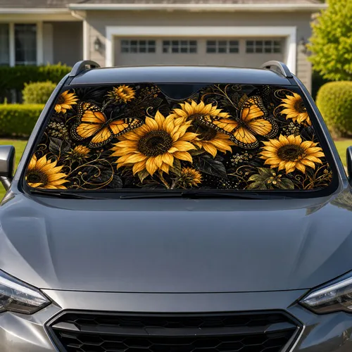 Golden Monarch Butterflies And Sunflowers Dark Botanical Summer Road Trip Decor For Fans Car Sunshade