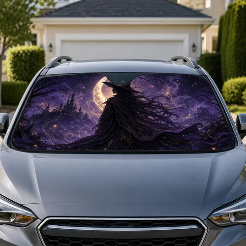 Gothic Sorceress Crescent Moon Dark Fantasy Decor For Halloween Witchy Night Drives Car Sunshade